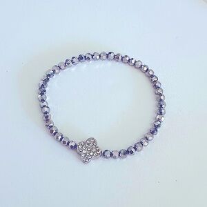 Silver Beaded Bracelet with rhinestones pave clover Charm